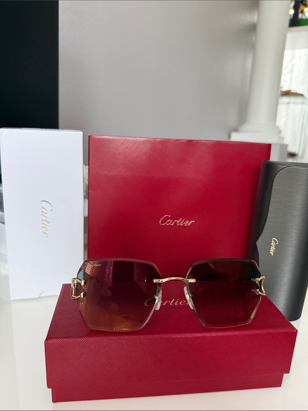Cartier Women's Rimless Square Sunglasses Havana Gold Transparent.